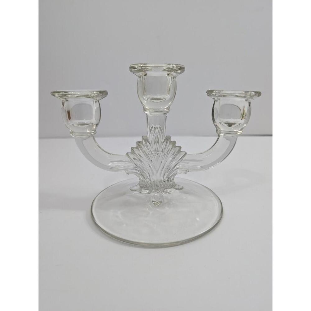 Gorgeous Vintage Indiana Glass three-light candelabra with a feather design
